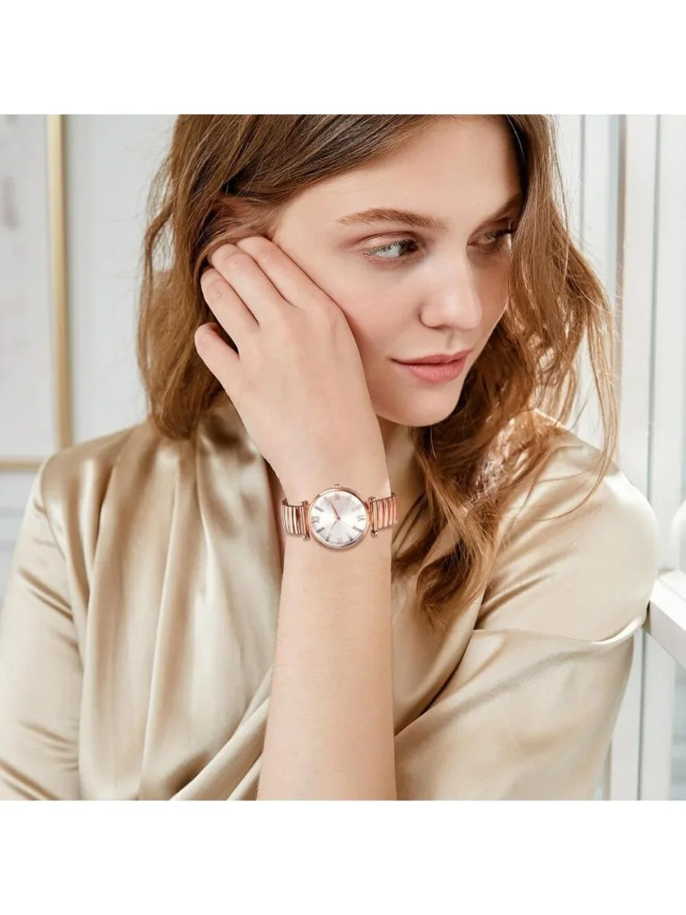 Women's Rose Gold Analog Quartz Elastic Strap Arabic Numerals Waterproof Watch
